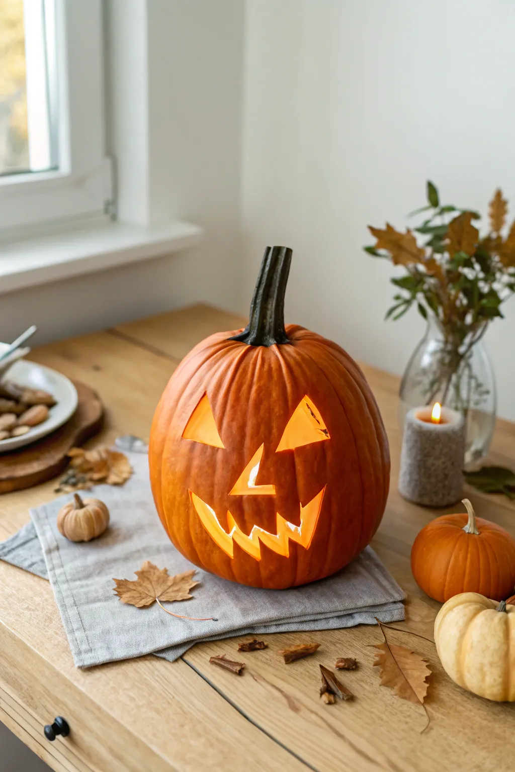 Bold lightning glow pumpkin with graphic eyes, shown in daylight and glowing in a moody dark scene