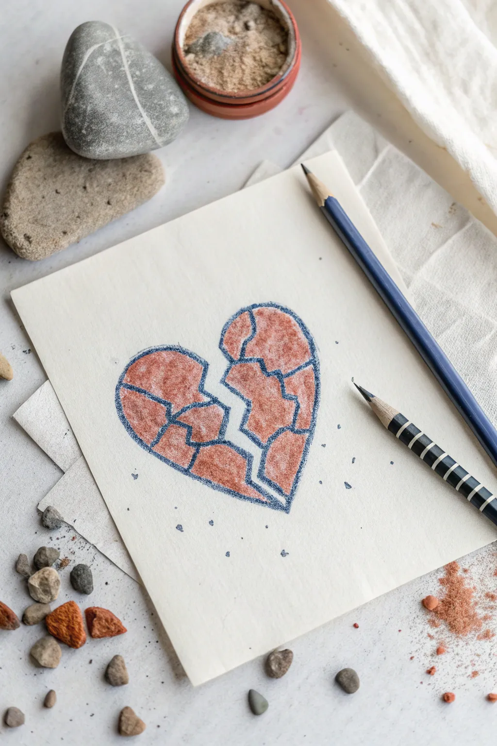 Crumbling stone heart sketch with gritty dust and pebbles for bold minimalist broken drawing ideas