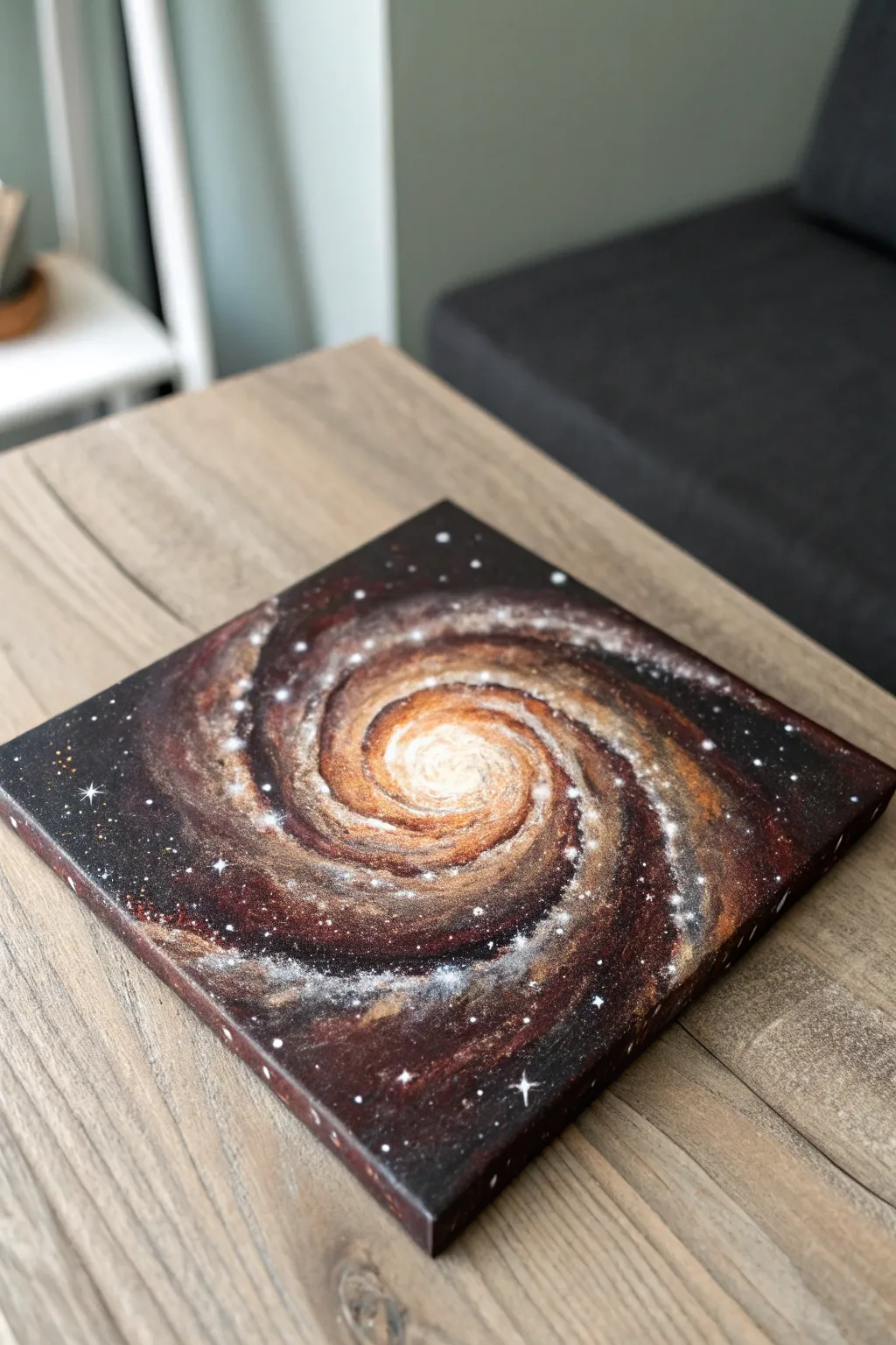 Mocha and umber galaxy canvas with creamy star speckles, minimal styling and cozy contrast.