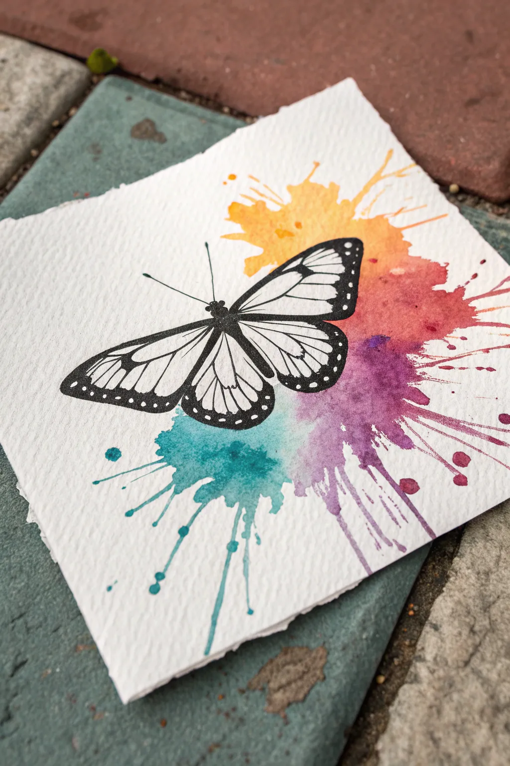 Abstract splash butterfly in crisp ink with bold watercolor blow-outs, minimal Scandinavian styling