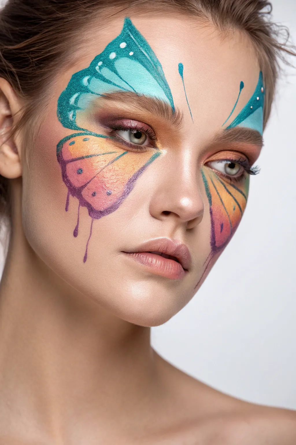 Watercolor butterfly face paint with soft blends and tiny drips for a dreamy, artsy finish
