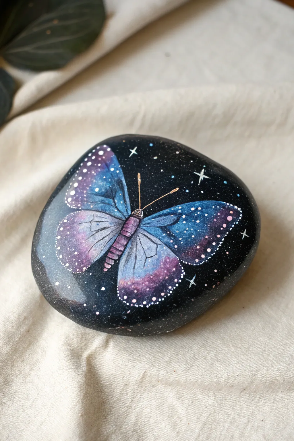 Paint a night sky galaxy butterfly on a dark rock for a dreamy, cosmic accent.