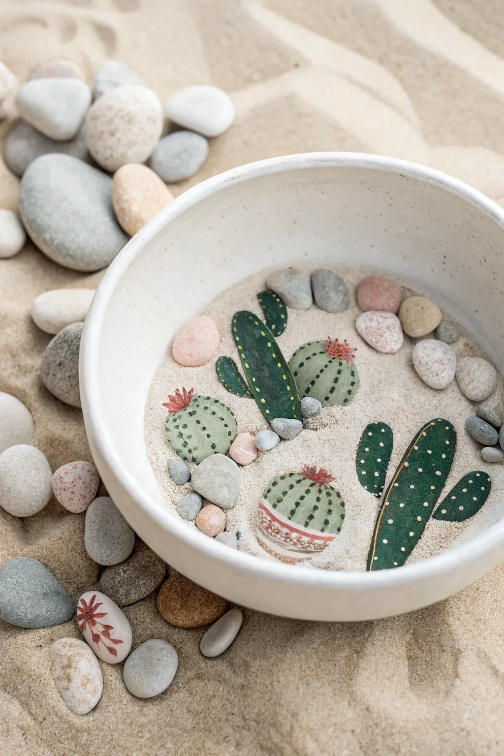 Minimal cactus rock garden bowl with hand-painted stones, sand, and airy Scandinavian calm.