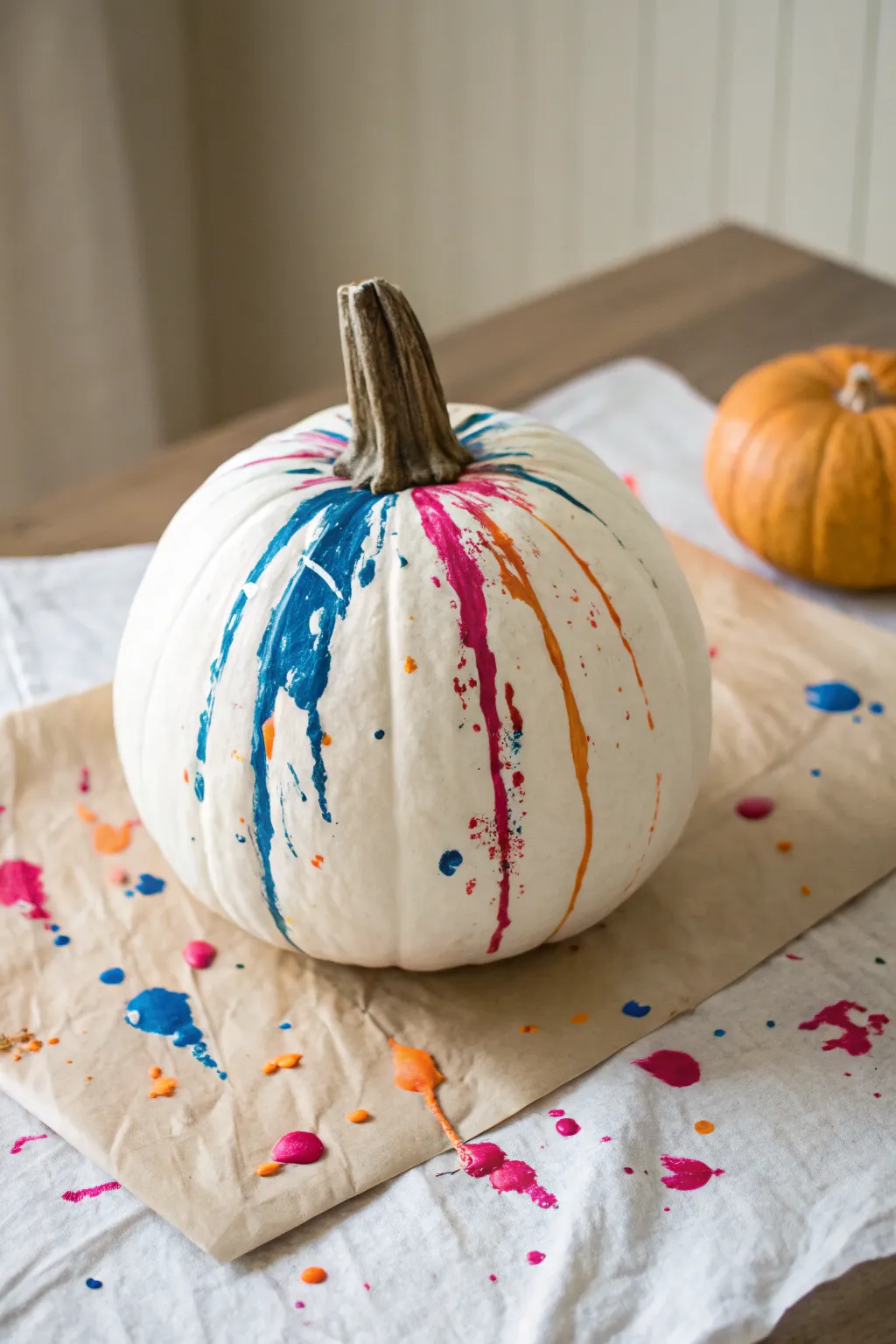 Fiesta de salpicaduras: calabaza blanca con pintura vibrante, fácil y sin tallar.