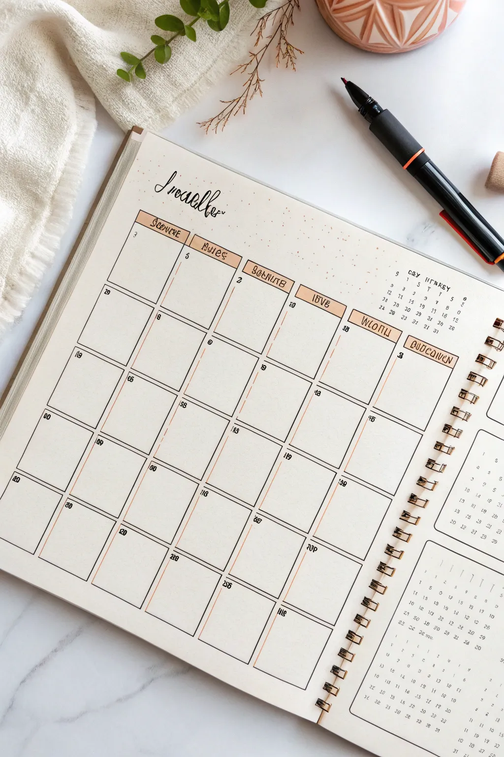 Paper-chain countdown doodle flowing through blank date boxes for a bold, minimalist calendar look