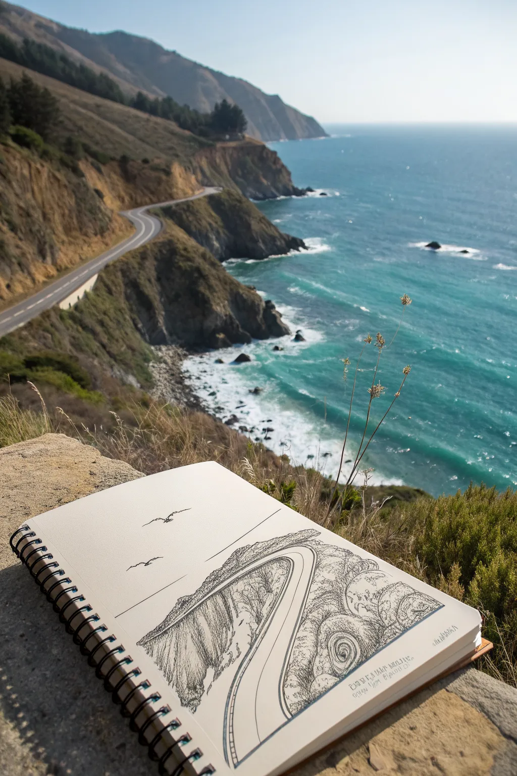 Draw the Pacific Coast Highway: bold curves, layered cliffs, and teal waves in a minimal palette