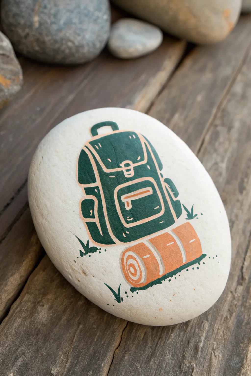 Paint a chunky backpack and sleeping pad icon on a stone for chic Scandinavian boho camping decor