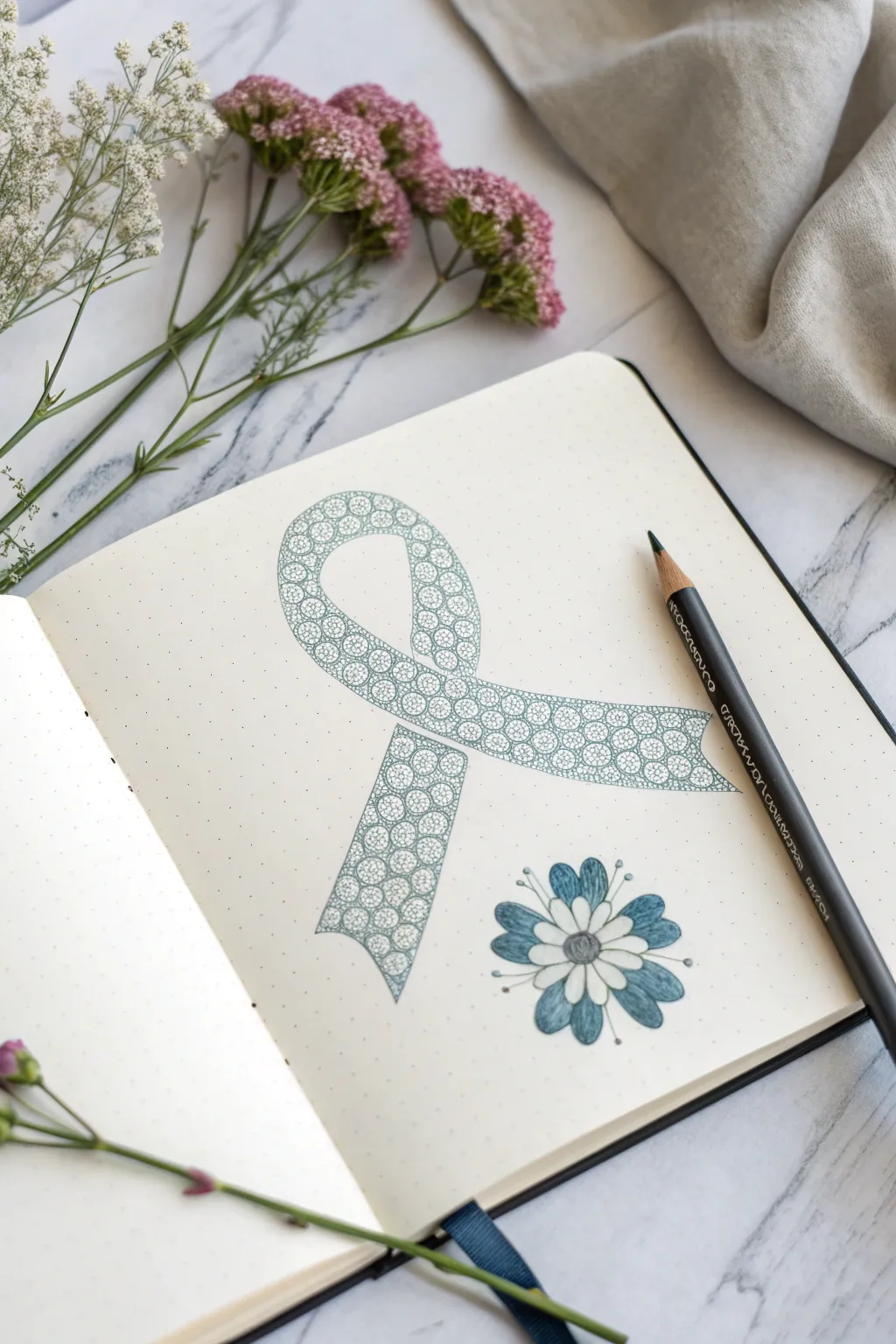 Cells turning into flowers that form an awareness ribbon, calm to hopeful in minimalist boho style