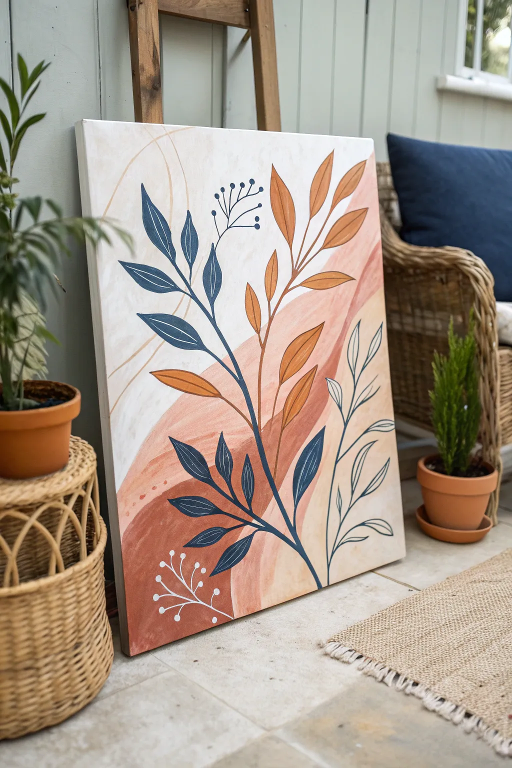 Bold botanical stems on a minimalist abstract canvas for a chic Scandinavian boho vibe.