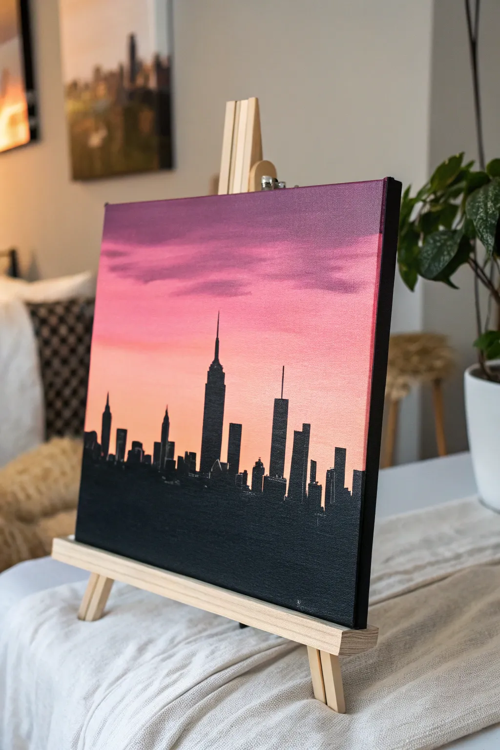 City skyline silhouette at dusk: a simple black skyline over a warm gradient for easy canvas art