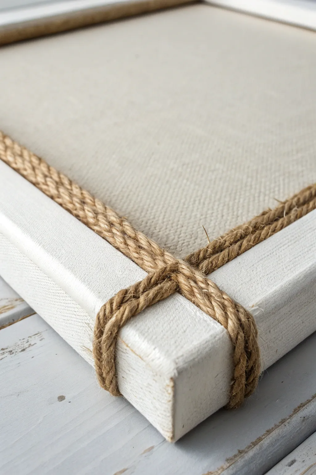 Minimal canvas frame with linen and rope-wrapped sides, highlighting bold texture contrast