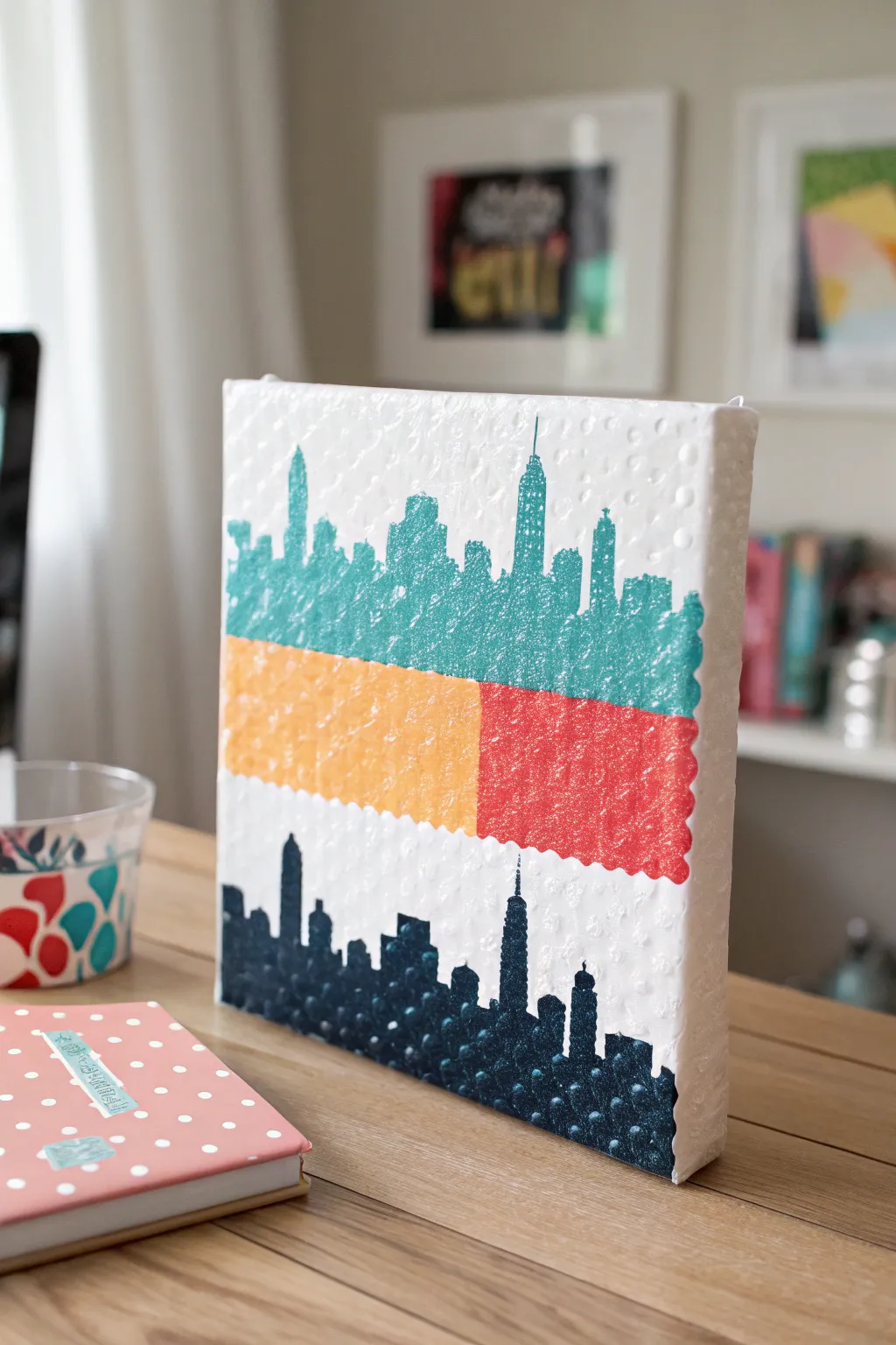 Bubble wrap stamp magic: bold skyline patterns on canvas, simple, playful, and kid friendly.