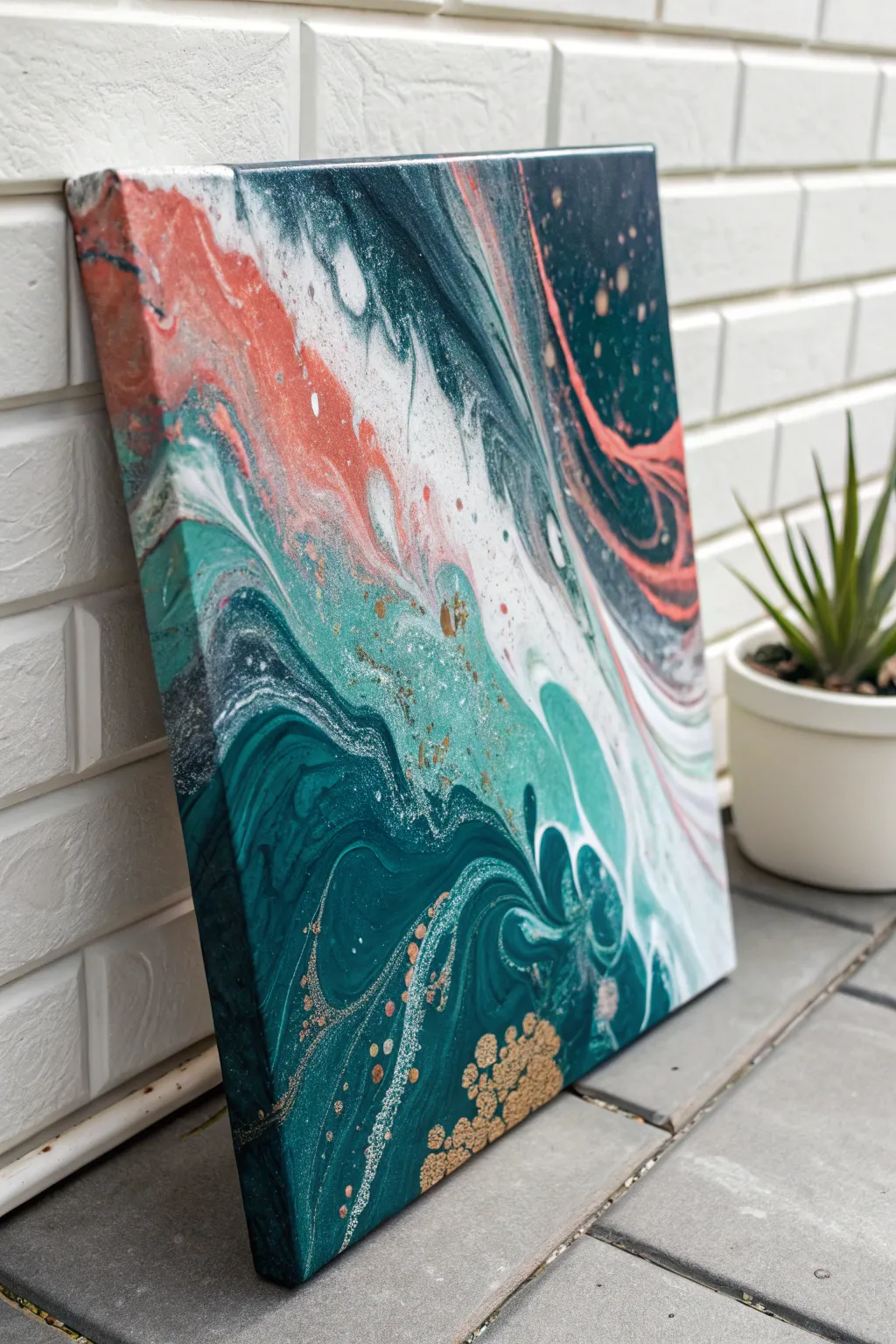 Glossy acrylic pour canvas with swirling marbles and vibrant cells, minimal boho vibes.