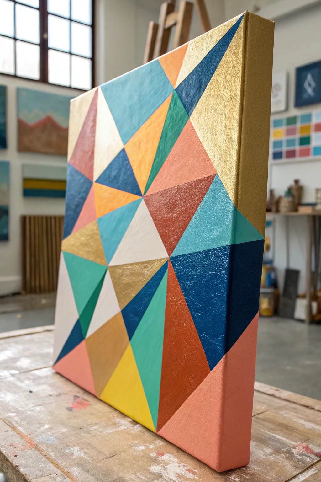 Geometric tape triangles with bold color blocks and painted metallic accents, clean and modern