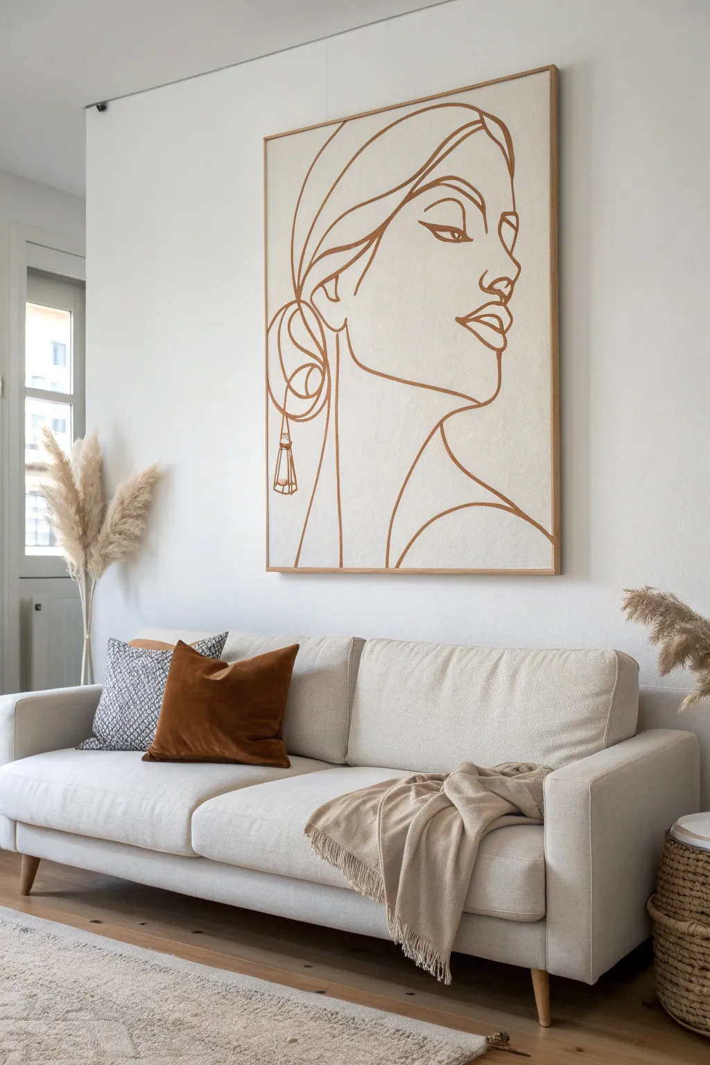 Minimal negative space line art canvas above the couch for calm, modern living room elegance