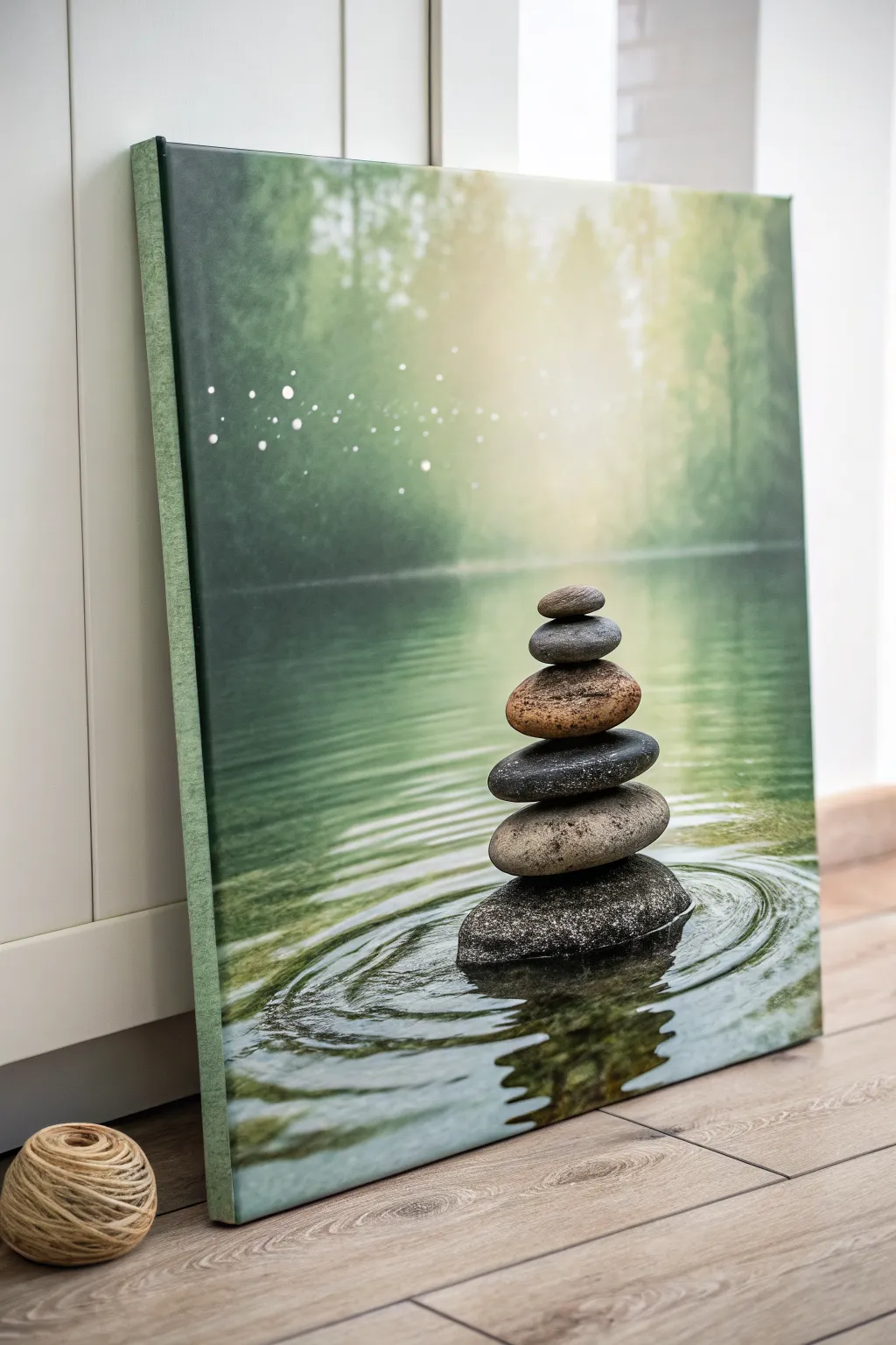 Zen stones on a moss-green gradient, a calming minimalist canvas painting idea with contrast