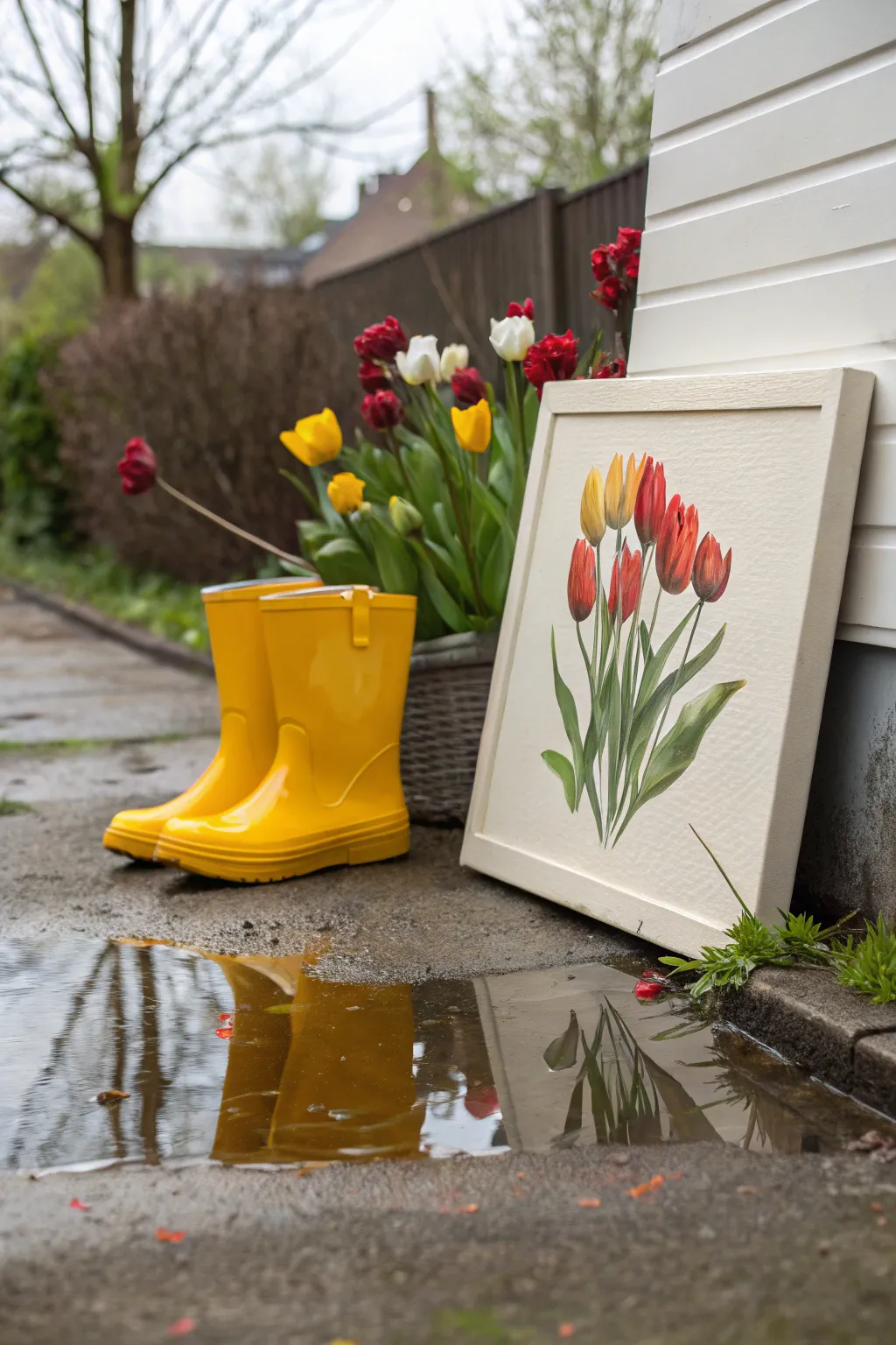 Spring canvas inspo: bold rain boots, tulips, and puddle reflections in crisp color.