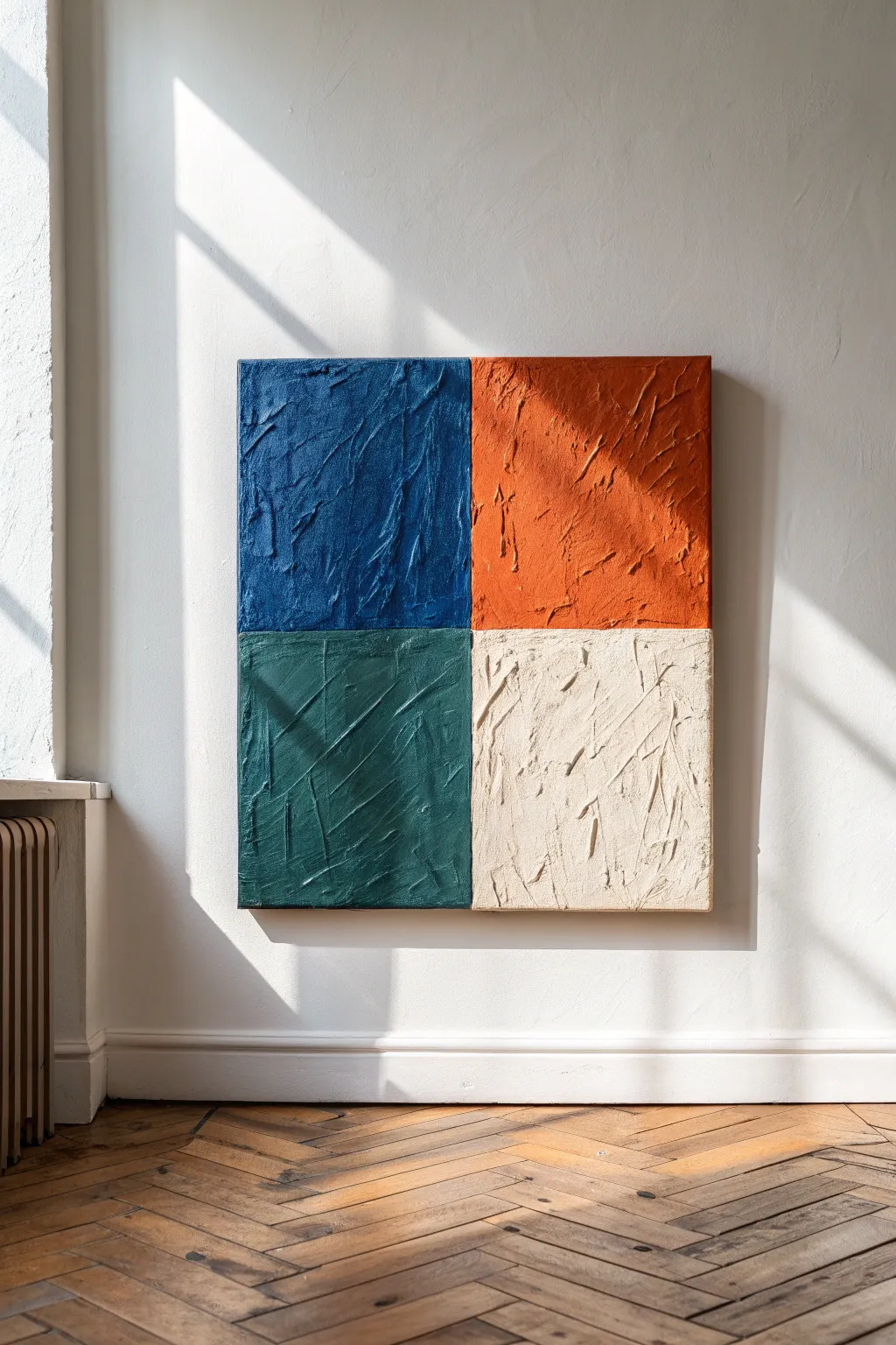 Bold palette-knife canvas texture, side-lit to spotlight every ridge in striking modern color.