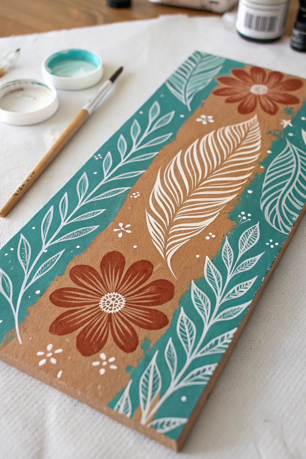 Sgraffito on cardboard: scratch through wet paint to reveal warm kraft textures.