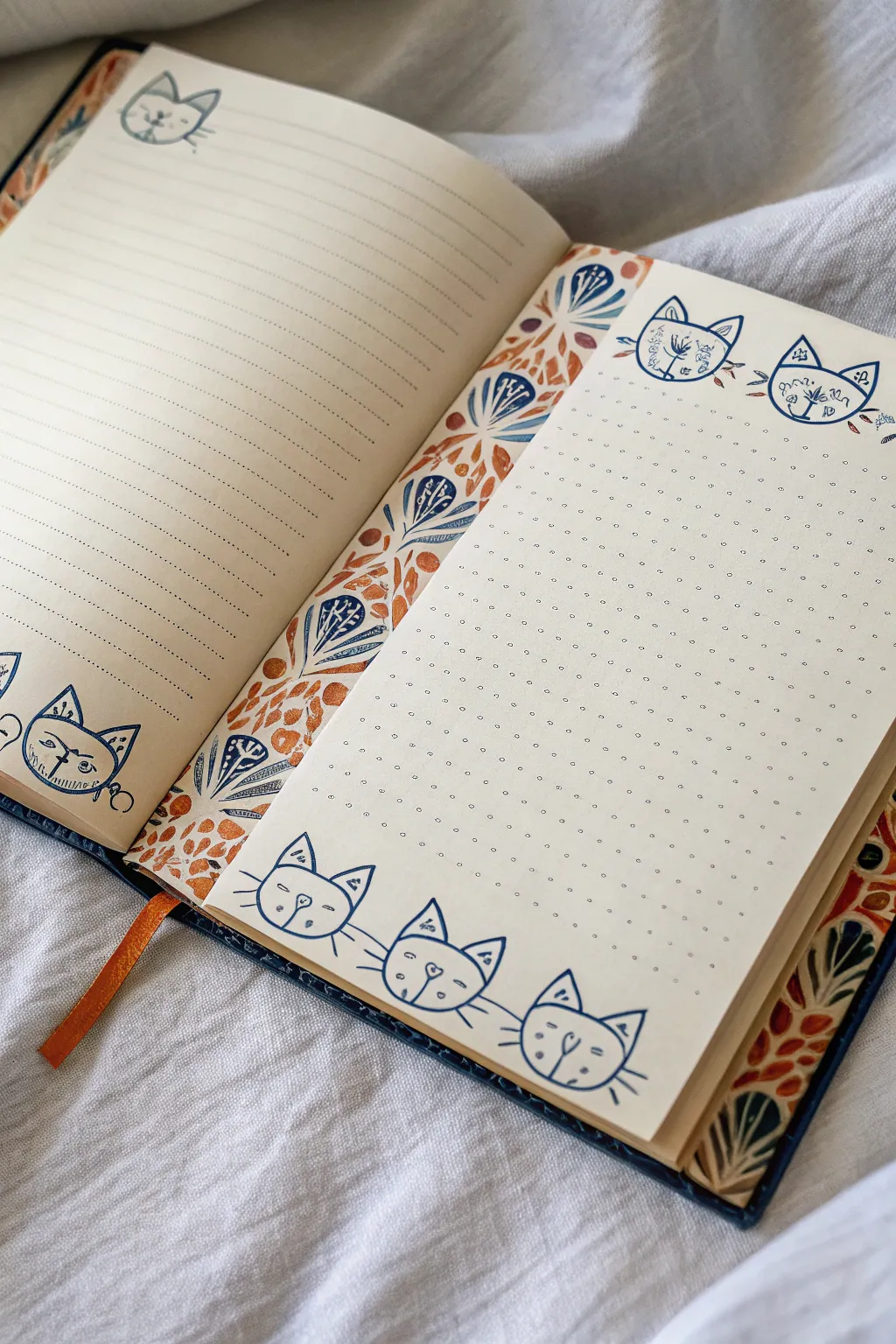 Minimal cat doodle border framing a blank journal page, clean center space for notes.