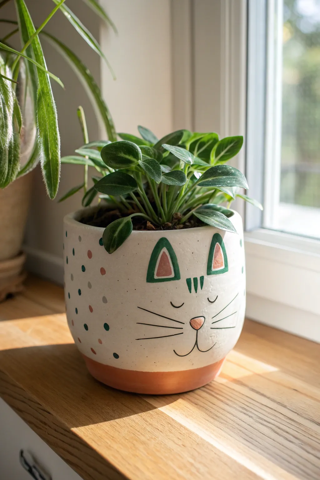 Minimal cat planter with leafy hair, bold earthy colors, and cozy windowsill light