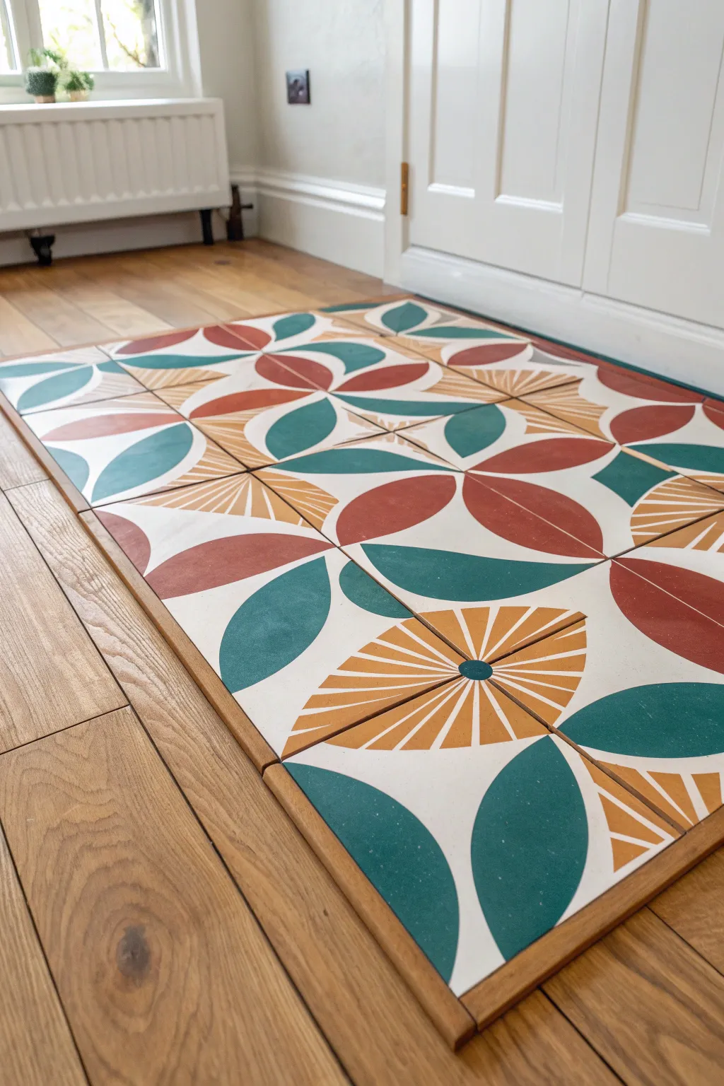 One continuous mural across ceiling tiles, aligned seamlessly with bold, handcrafted color contrast