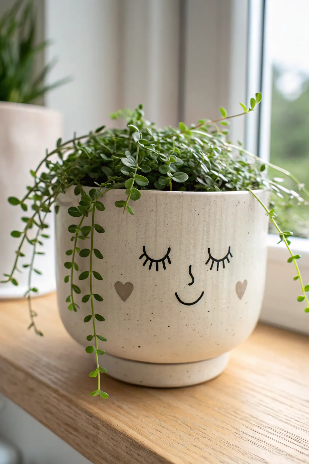 A playful ceramic face planter with trailing greenery hair, minimal, bright, and handmade.
