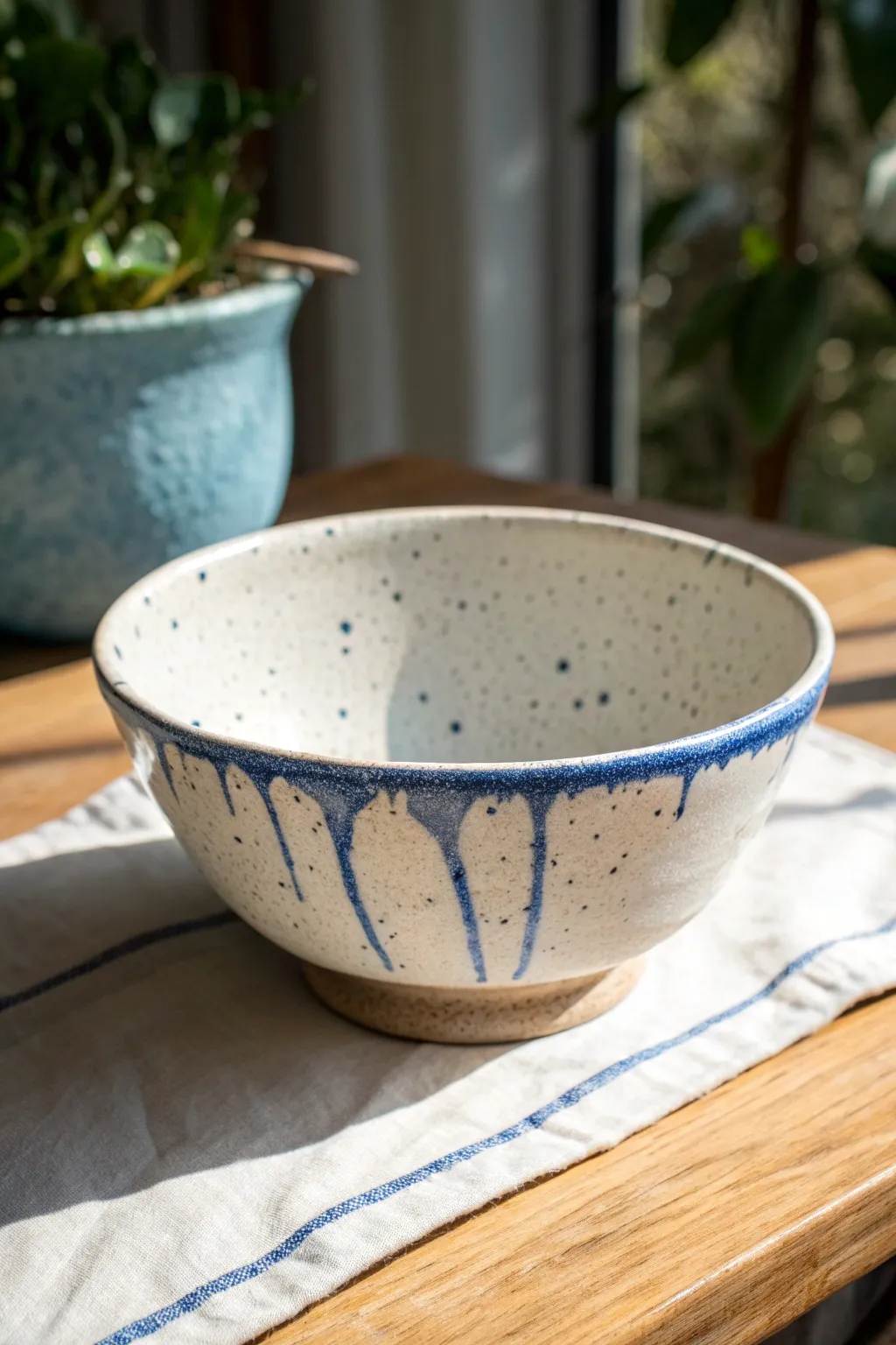 Drip rim bowl painting idea with bold cobalt cascades on a clean, minimalist handmade ceramic bowl.