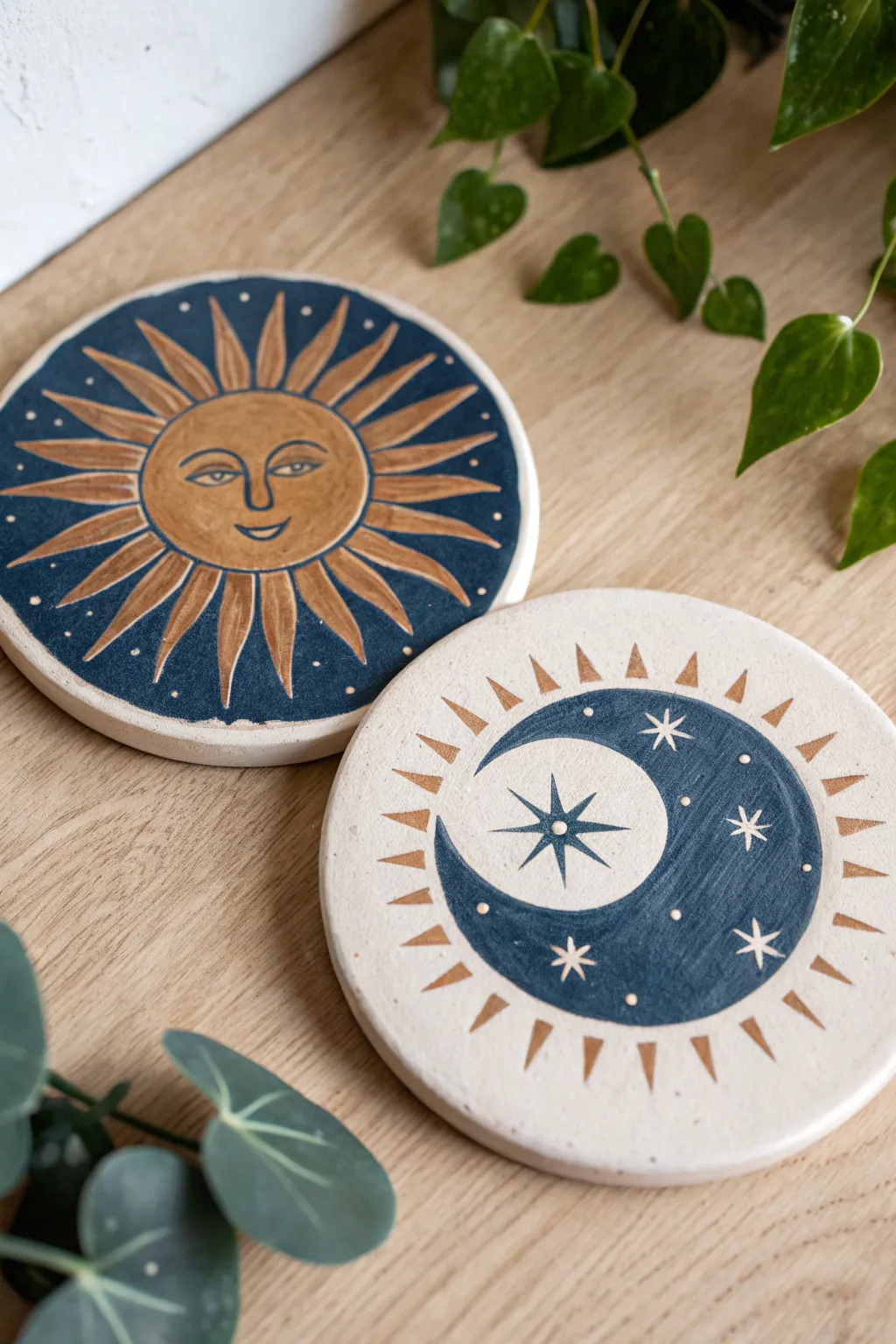 Sun-and-moon ceramic coaster pair in bold terracotta and navy for a modern boho table