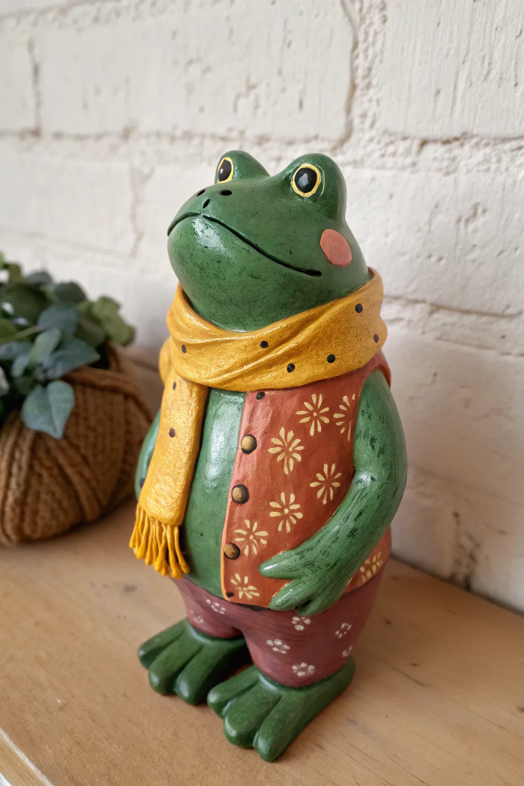 Seasonal frog costume paint theme: bold scarf and vest details in a calm Nordic vignette