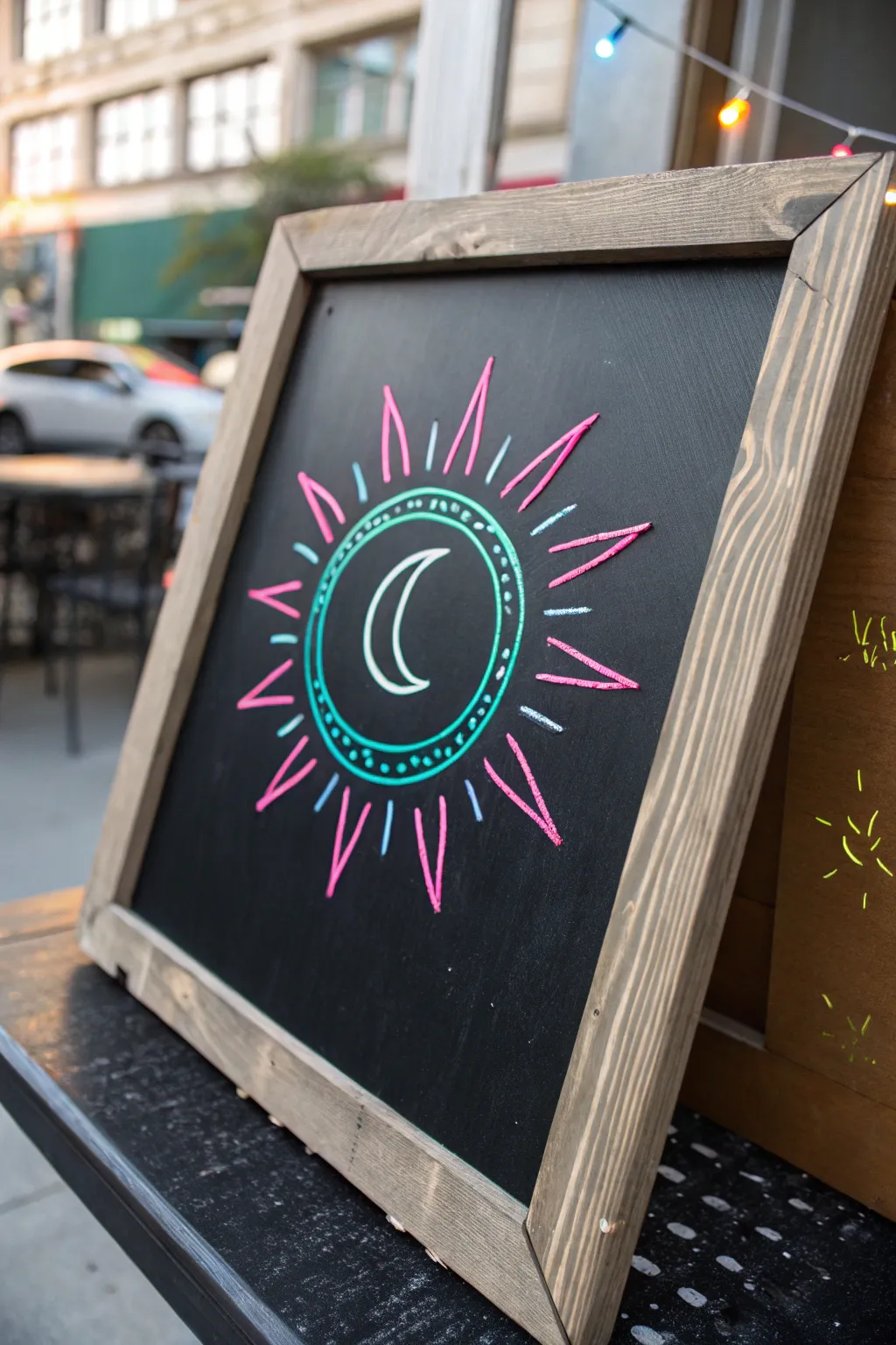 Layered neon chalk marker halos on a matte black board for a faux sign glow, bold yet minimal