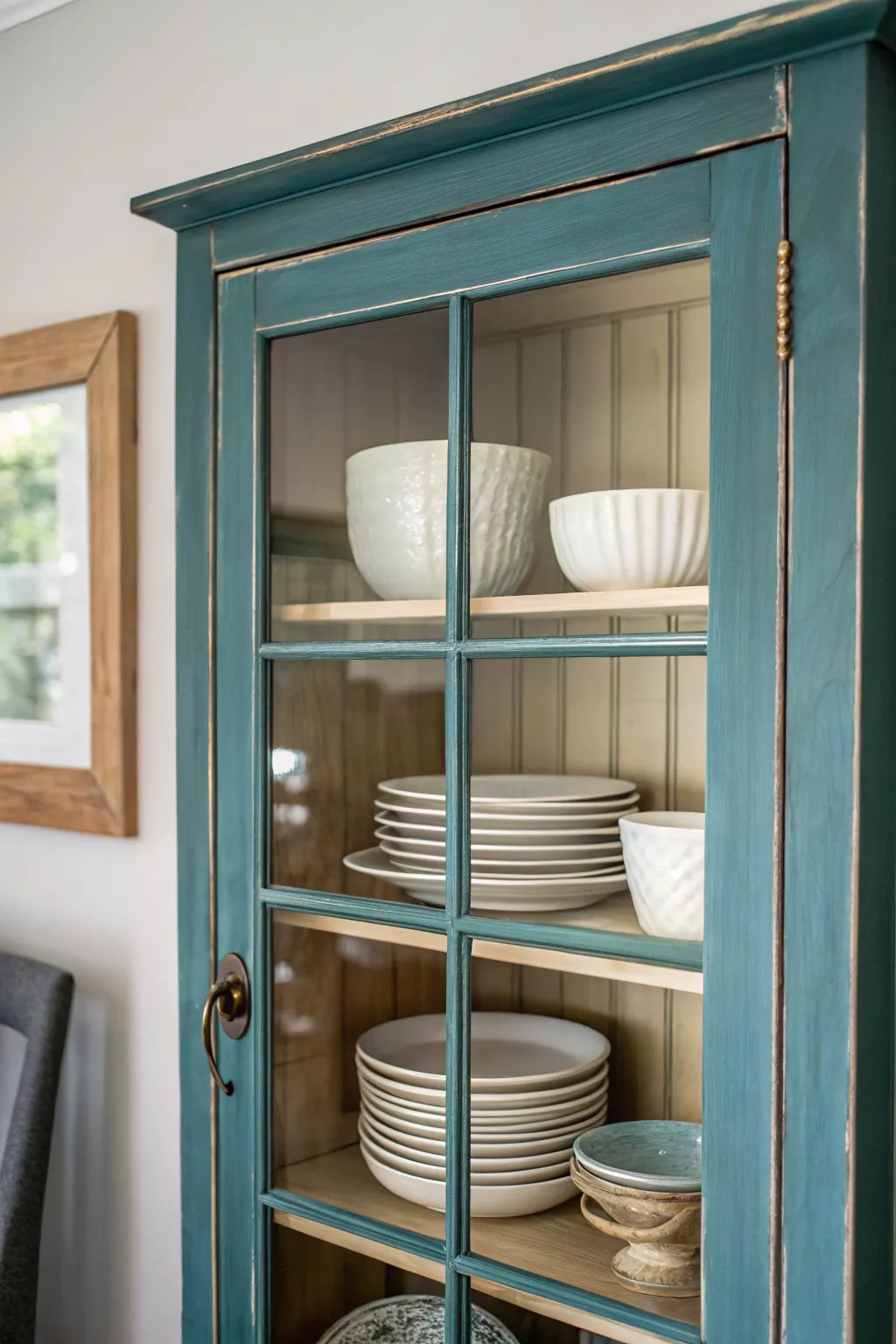 Faux mullions + chalk paint give your china cabinet glass doors a fresh, modern grid look.