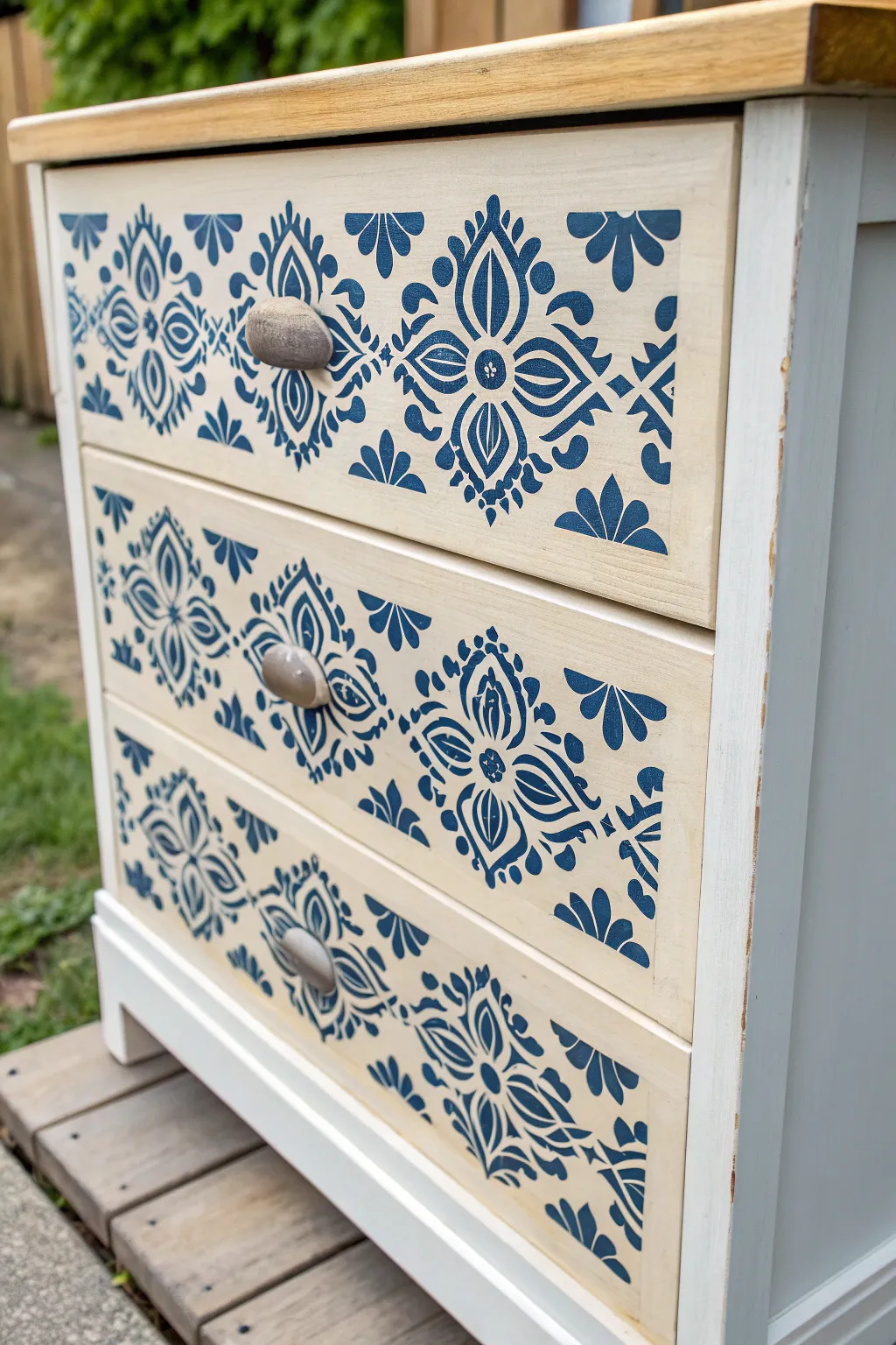 Chalk painted drawer front with crisp stencil motif for a modern Scandinavian boho refresh.