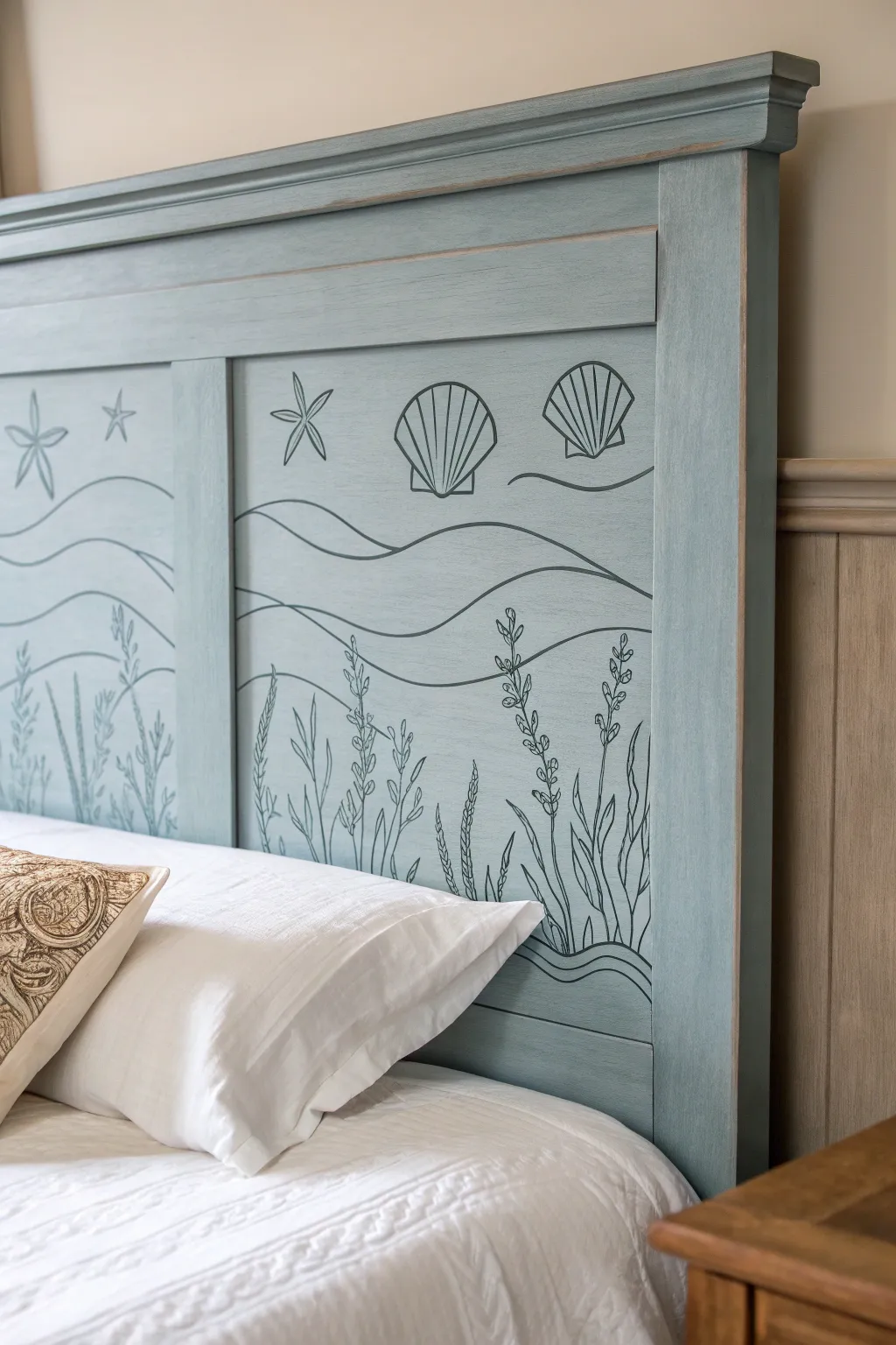 Pale blue-gray chalk headboard with coastal line art for a breezy Scandinavian boho bedroom