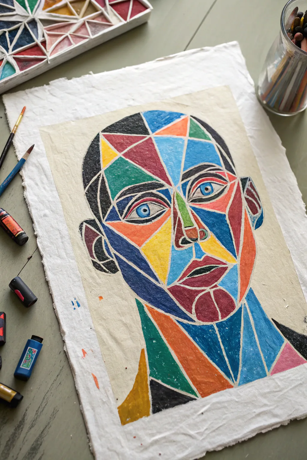 Bold chalk pastel color-block portrait with soft smudged edges for modern minimalist decor.