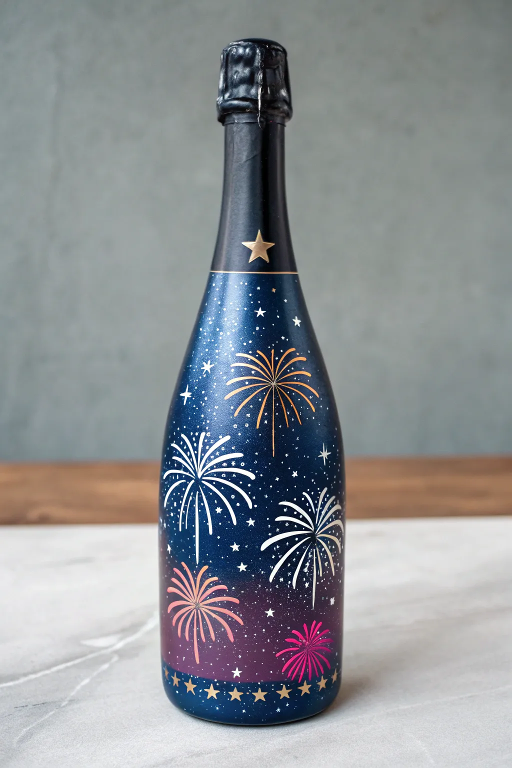 Midnight-sky champagne bottle with bold fireworks and starry speckles, high-contrast minimal styling