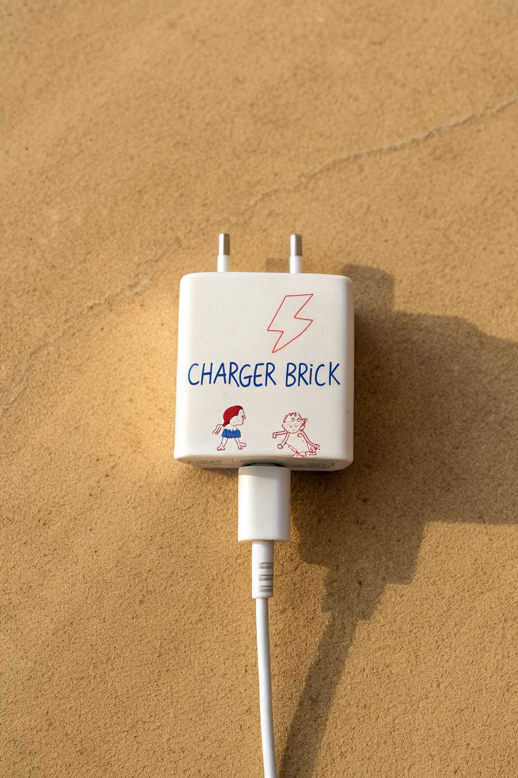 Mini comic doodle spanning charger brick and cord, a bold pop of color on clean neutrals