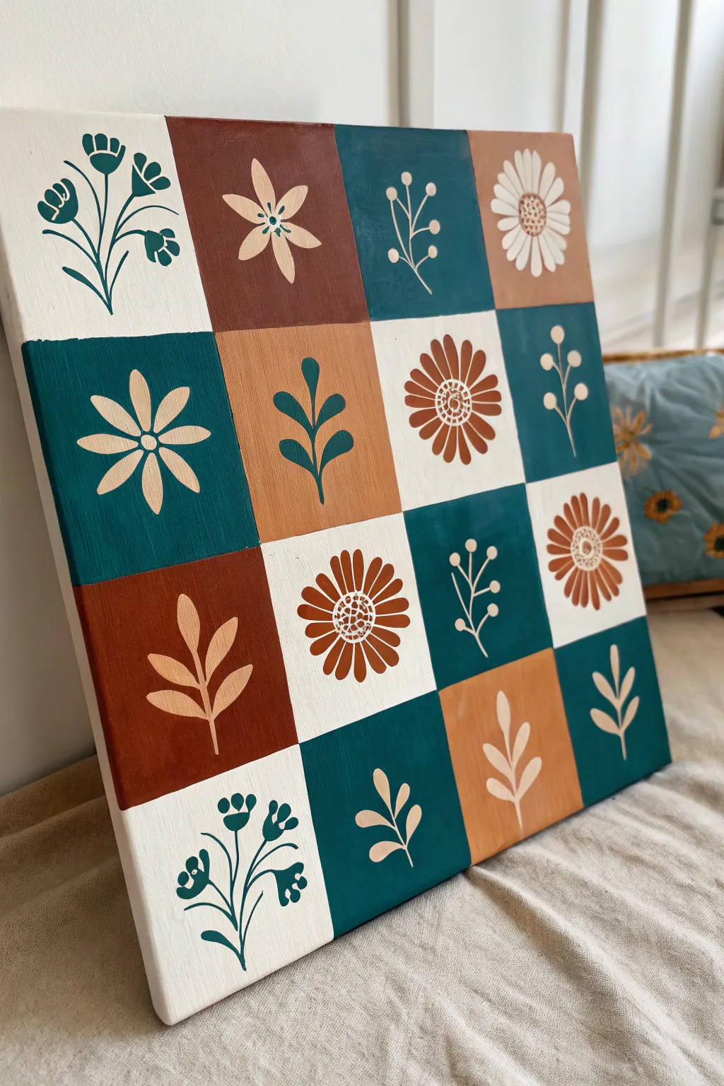 Floral checkerboard grid with bold solids and simple blooms, minimalist boho quilt vibe.