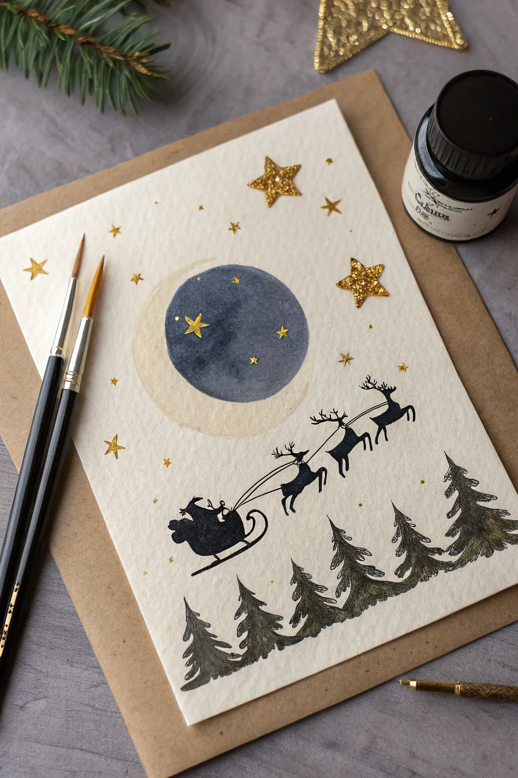 Minimal night-sky Santa sleigh silhouette with bold contrast for an easy Christmas drawing idea