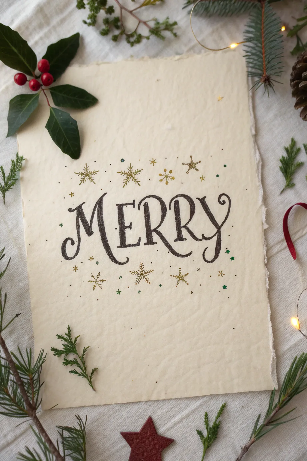 Scandi-minimal holiday lettering sheet with tiny holly, ornament, and star doodles in bold color.