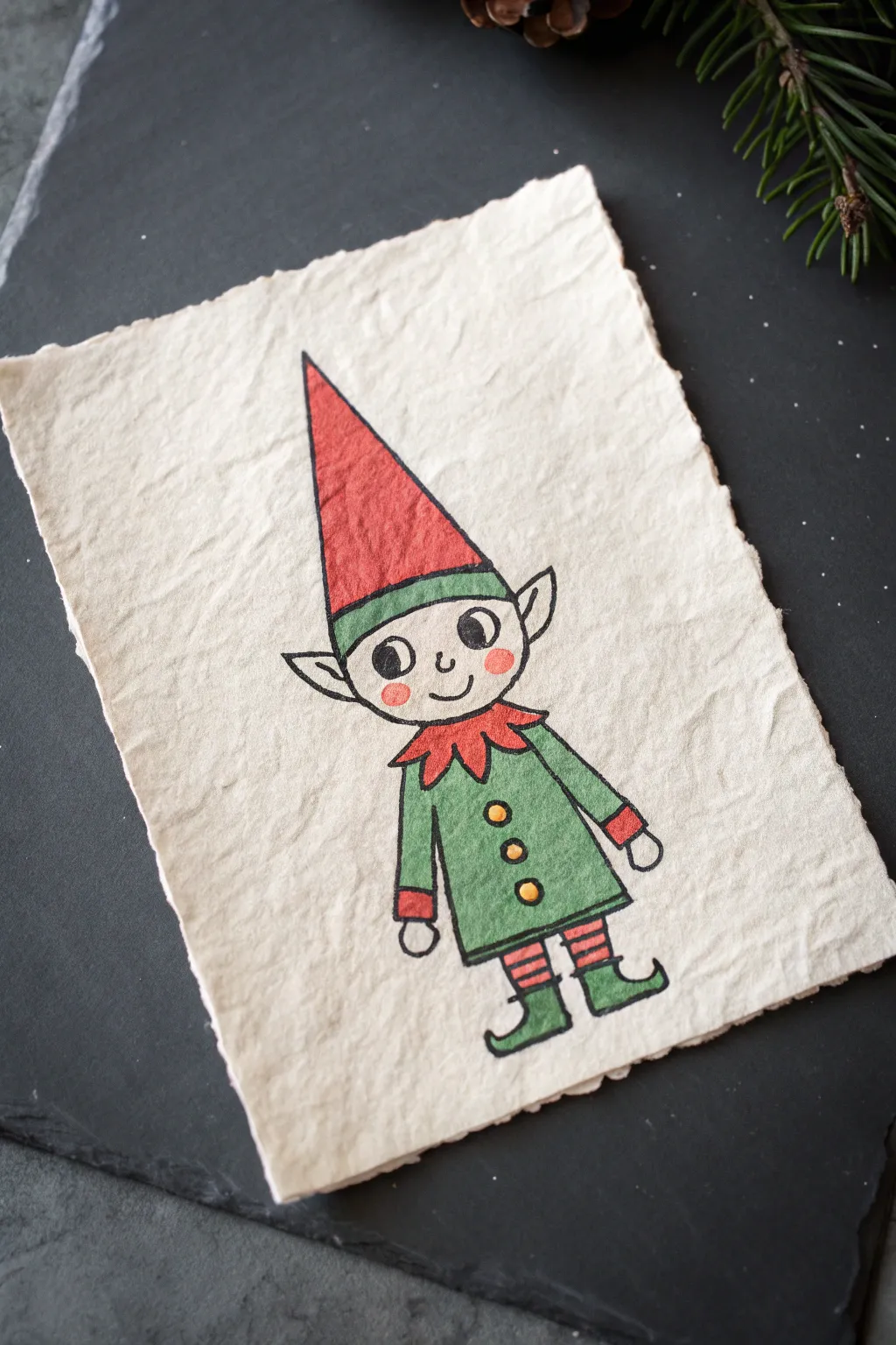 Easy elf drawing with pointy hat in bold holiday colors, clean lines, minimalist charm.