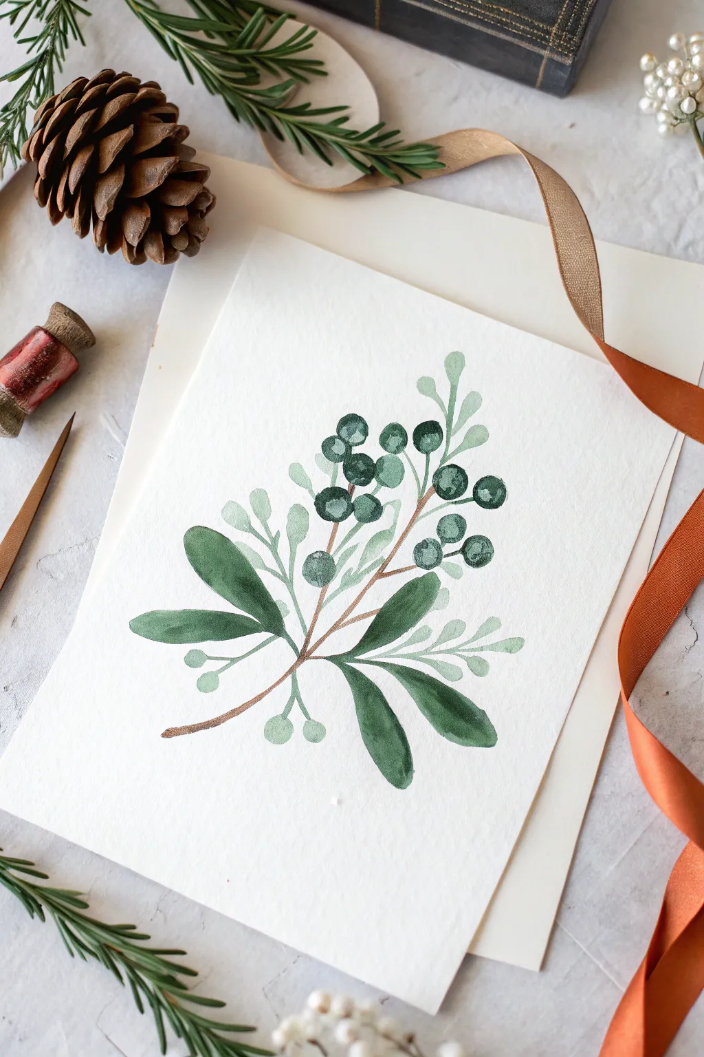 Minimal mistletoe fingerprint cluster with bold greens, soft berries, and a warm ribbon accent