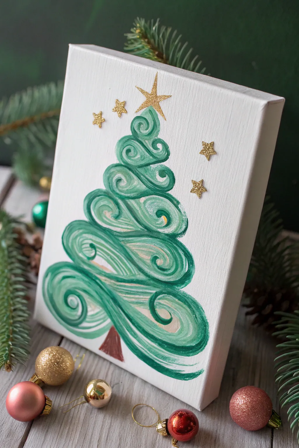 Swirly brushstroke Christmas tree painting idea with bold green spirals and a simple star topper.