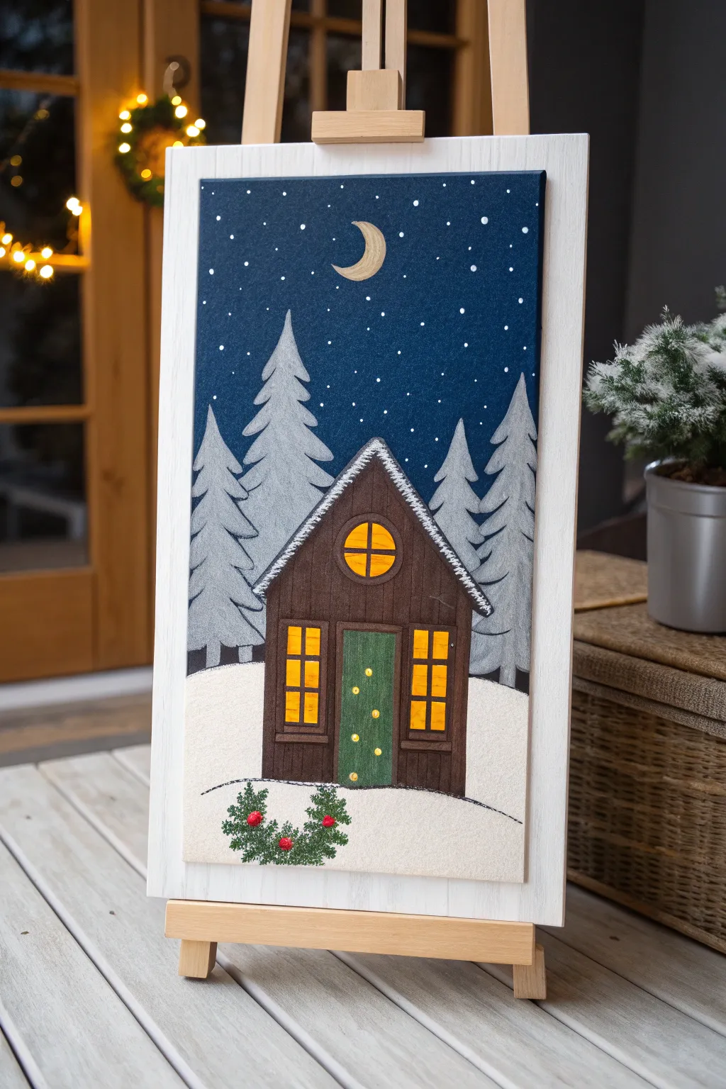 Christmas cabin under a starry sky, warm windows glowing in crisp snowy night tones