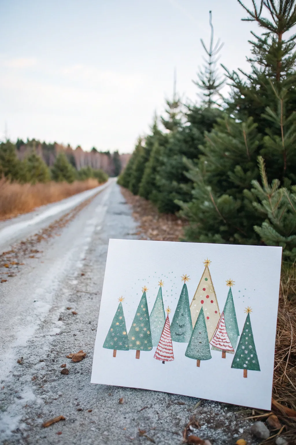 Easy overlapping Christmas tree farm painting for kids, modern Scandinavian colors and snowy charm.