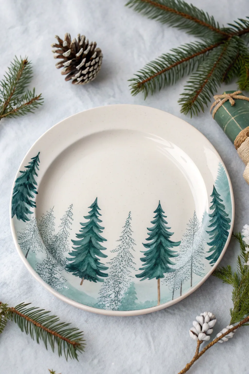 Frosted Pine plate painting: deep green silhouettes and soft snowy brushwork in a wintry wash