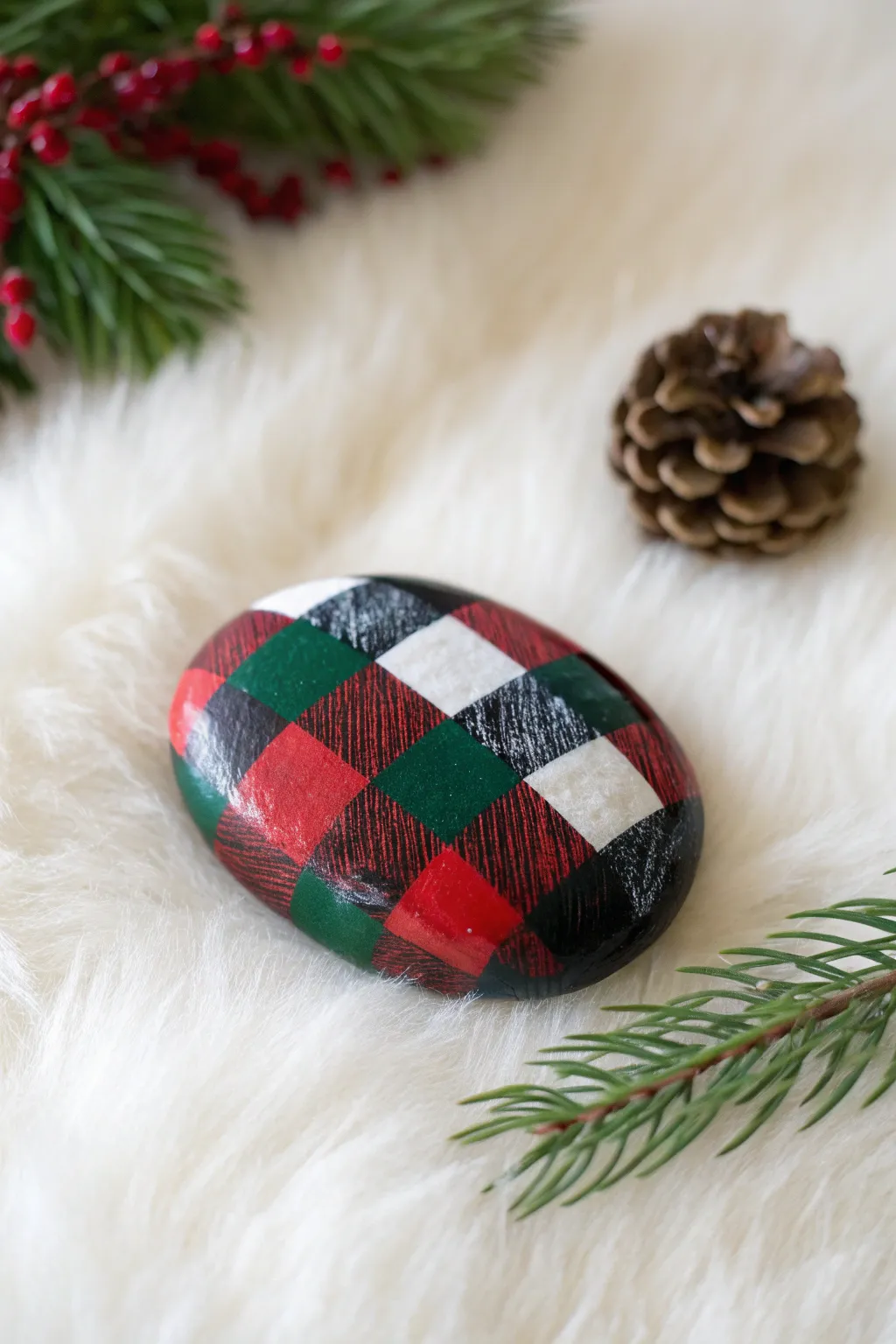Bold plaid and buffalo-check rock on faux fur for a cozy minimalist Christmas craft look