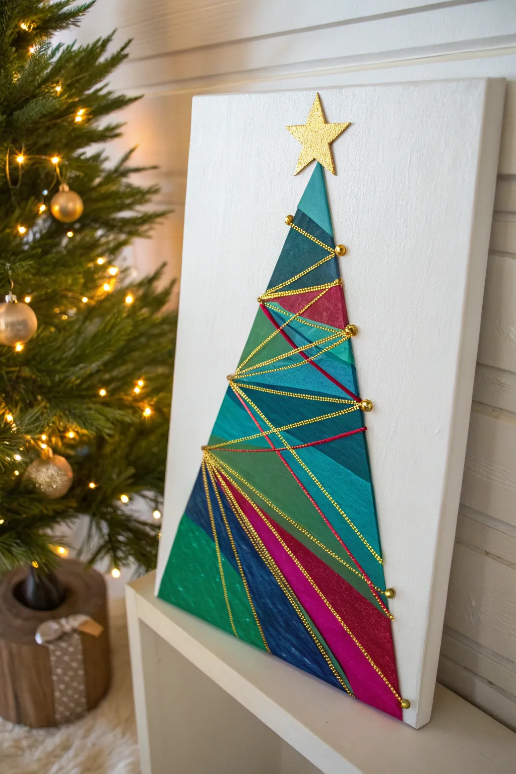 Make a glowing abstract Christmas tree with string-pulled paint trails and a tiny gold star.