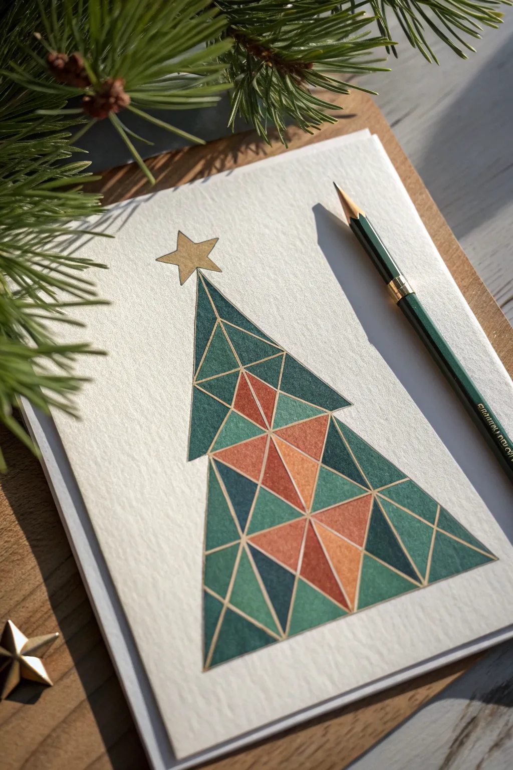 Geometric faceted Christmas tree drawing idea in minimalist Nordic style with bold boho colors