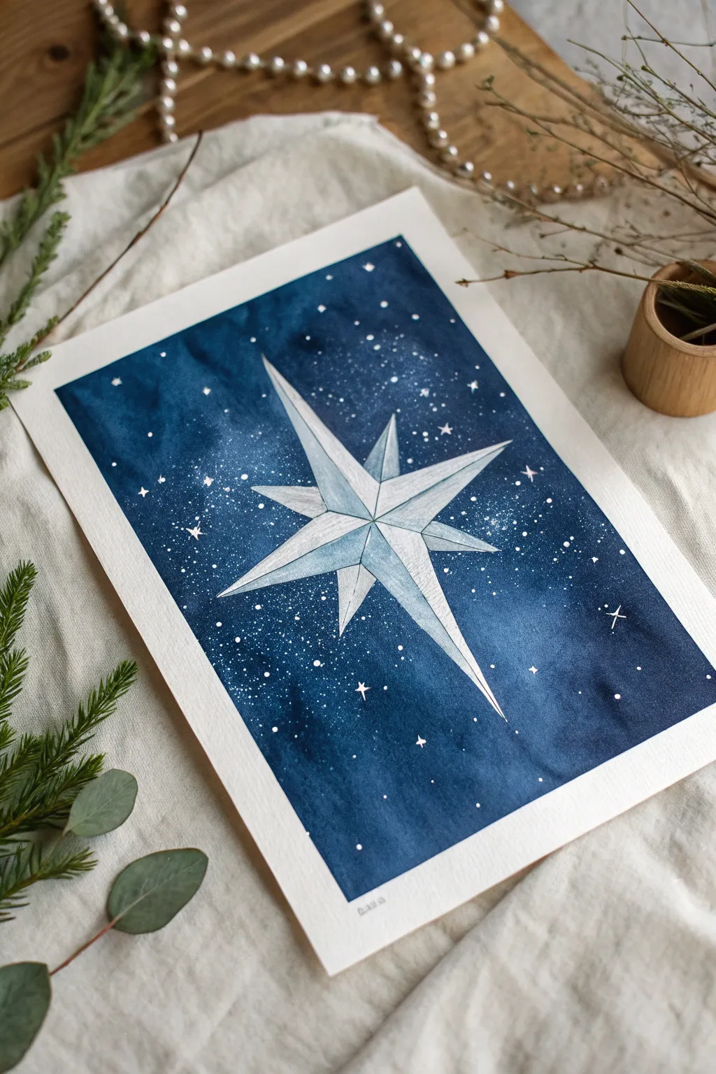 Star of Bethlehem night sky wash in deep indigo, with a glowing unpainted star and subtle sparkle.